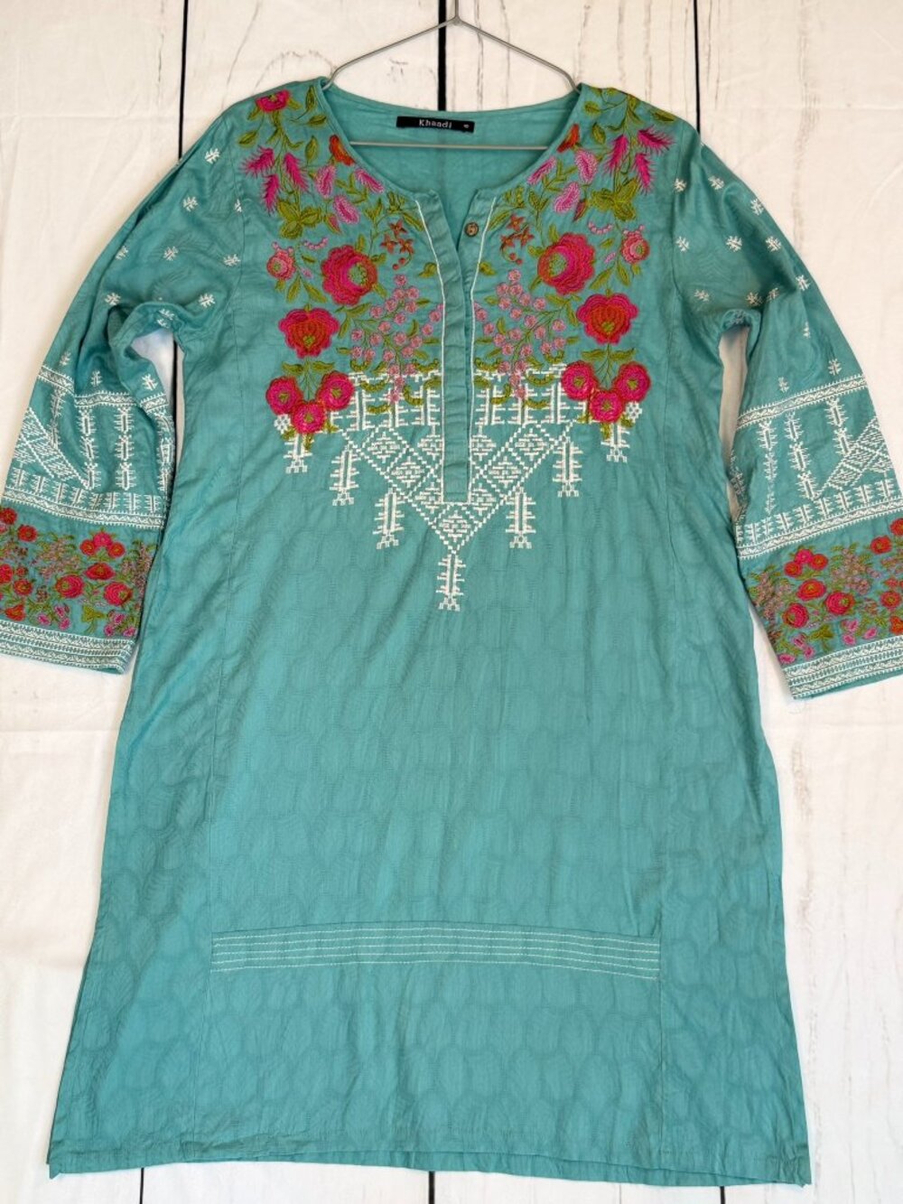 Khaadi Embroidered Cotton Tunic Top Kurti Size 10 Aqua Teal Floral Bohemian